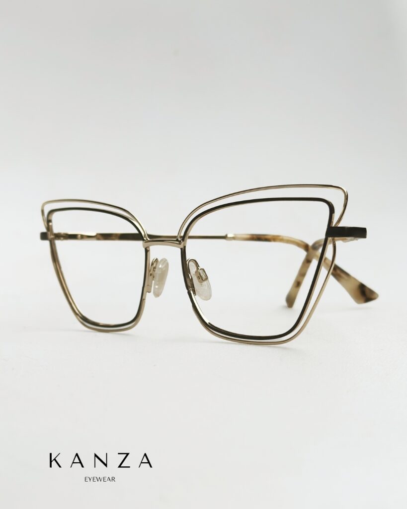 Złote oprawki okularowe Kanza – cienkie metalowe okulary z geometrycznym kształtem