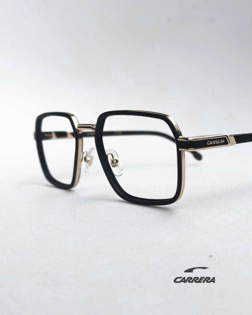 Złote oprawki okularowe Carrera – czarne okulary z metalowymi złotymi elementami