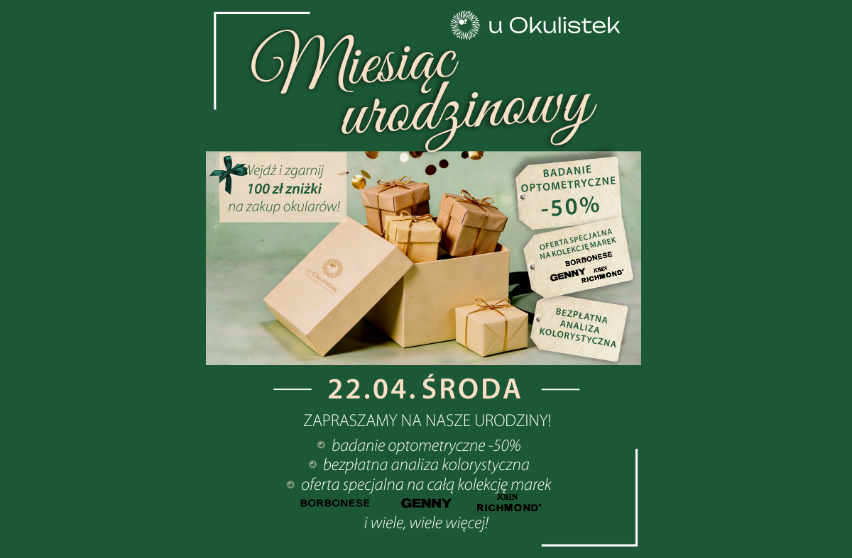 Plakat 3. urodzin U Okulistek w Gdańsku – badanie optometryczne -50%, analiza kolorystyczna i promocje na oprawy