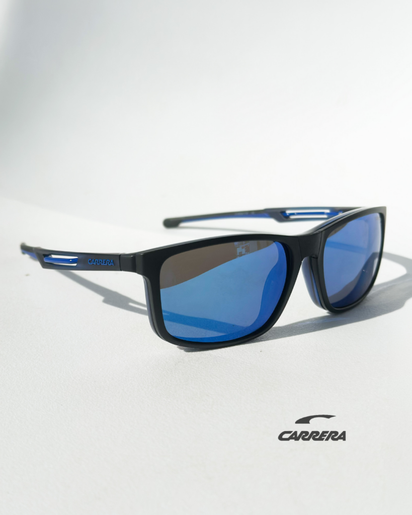 Okulary Carrera z niebieską nakładką przeciwsłoneczną – sportowe oprawki z filtrem UV