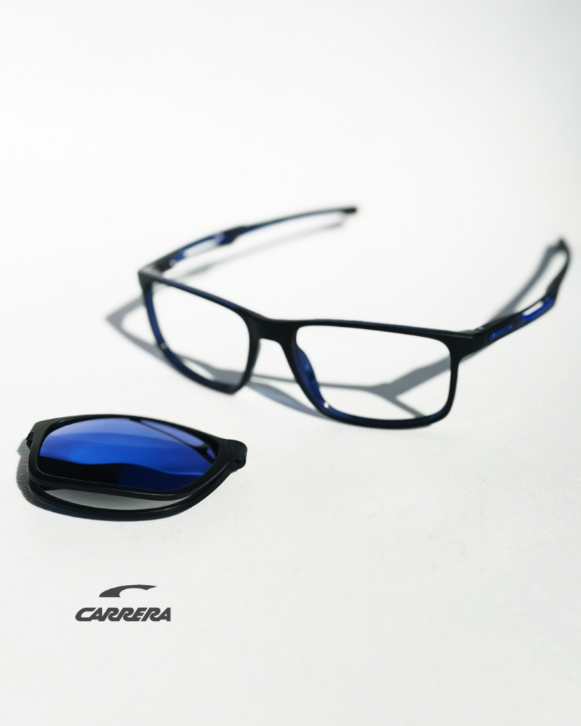Okulary Carrera z nakładką przeciwsłoneczną – oprawki korekcyjne i odpinana, składana nakładka 2w1
